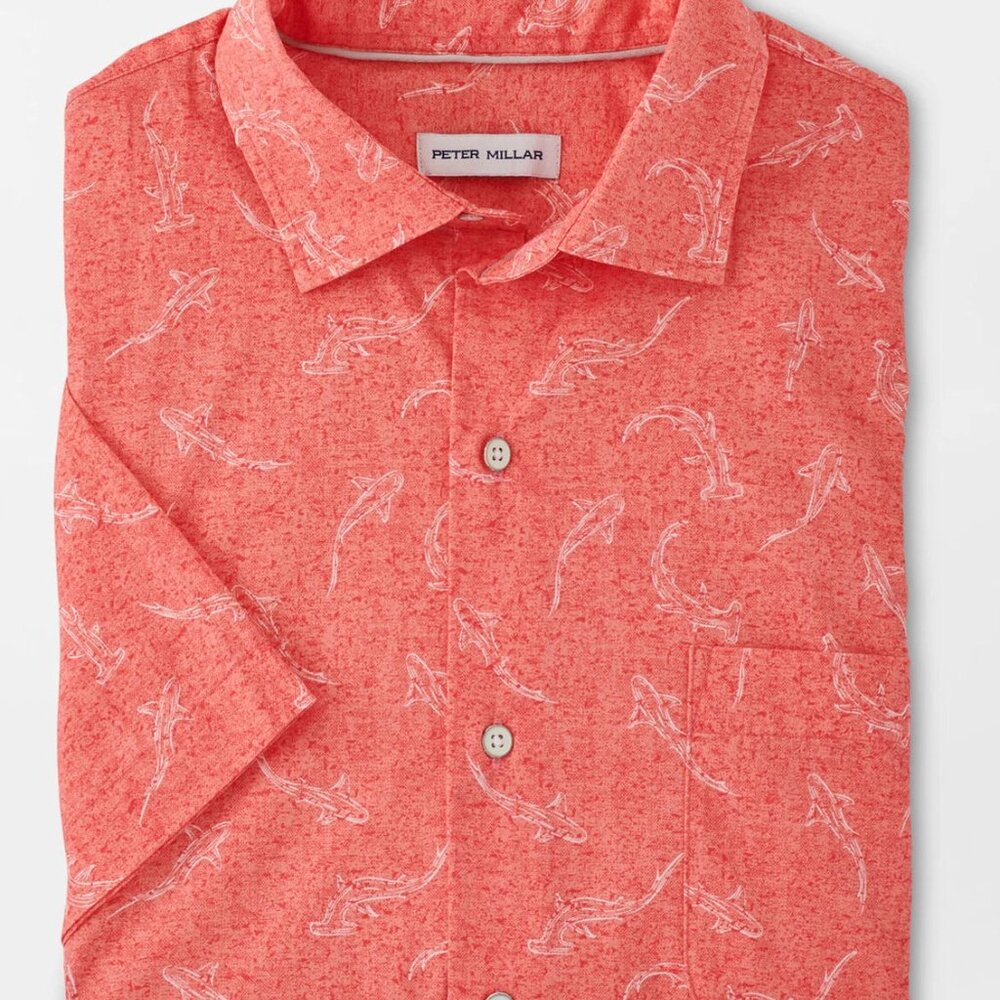 LIKE NEW! Peter Millar Shark Frenzy SS Cotton-Stretch Sport Button Down Shirt Lg